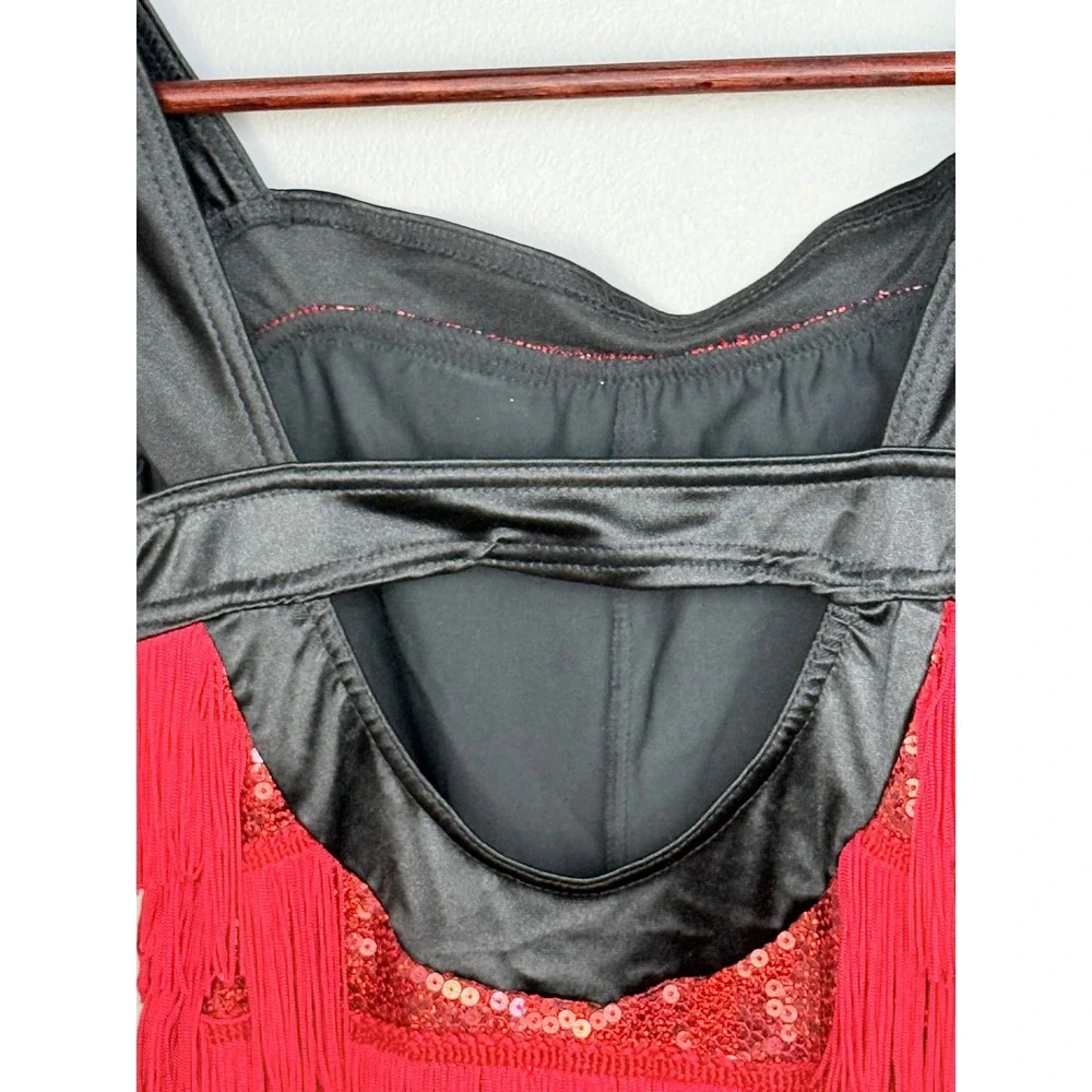 Weissman‎ Dance Costume Dress Kids LC Red Nylon Spandex Fringe Sequin 8810